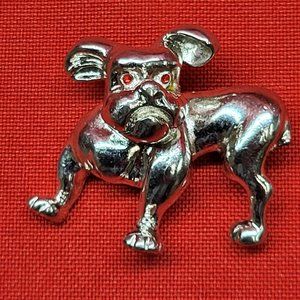 Silver Tone Mean Face Bulldog Boxer Dog Brooch Pin Red Rhinestone Eyes